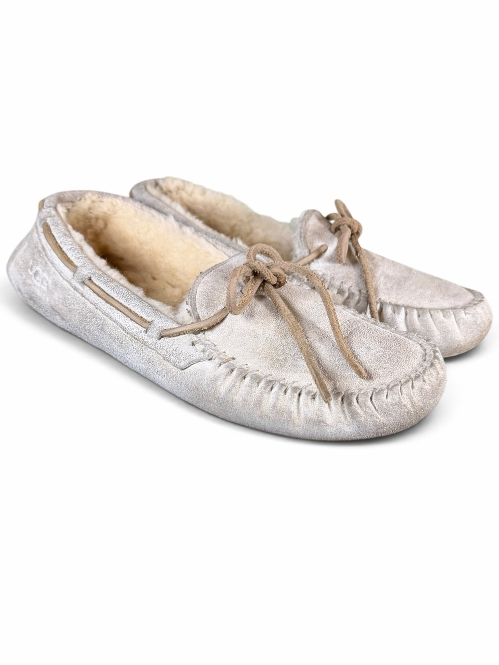 UGG Dakota Tan Suede Sheepskin Lined Leather Lace Moccasin Slippers Size 7